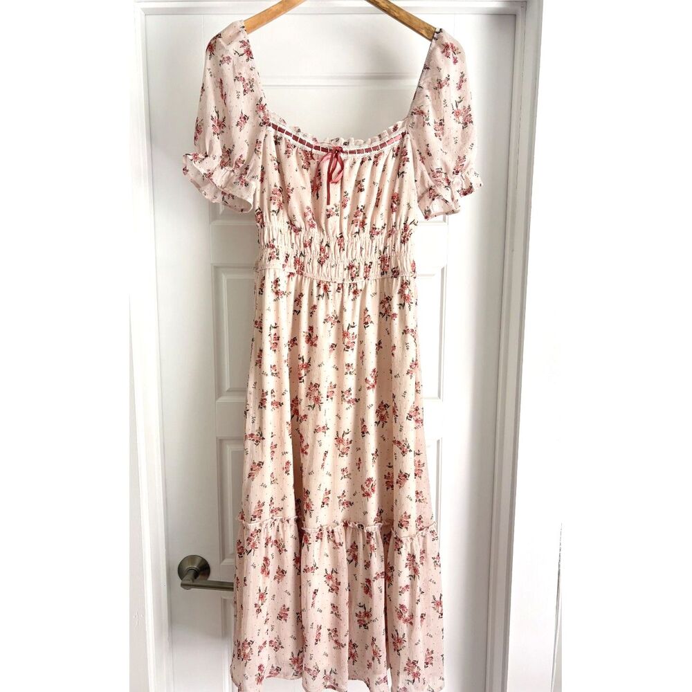 Francesca’s Ella Ditsy Floral Puff Sleeve Midi Dress Pink Mauve Size Medium - Picture 5 of 6